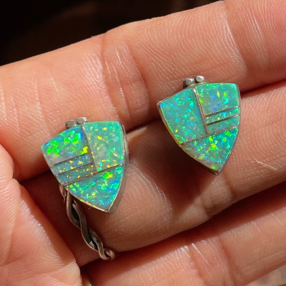925 Sterling Silver Jewelry - Kay Johnson stamped artisan 925 sterling flashy green opal shield earrings